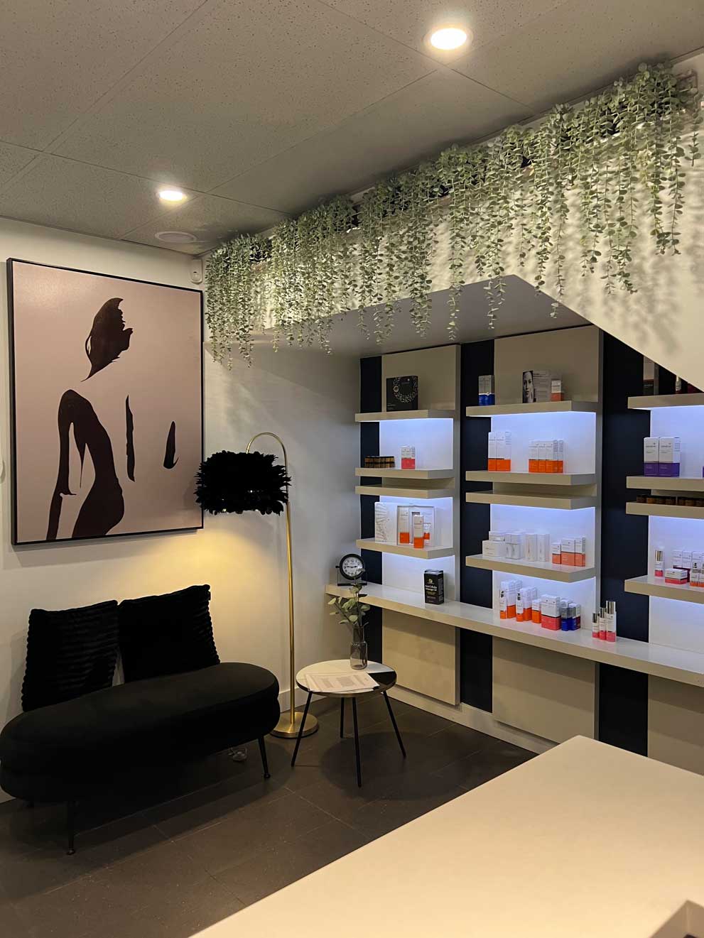 Our waiting area Skin care product display and waiting area at My Beauty Secrets